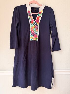 Spartina 449 Embroidered Floral Tunic Dress Navy Cotton Preppy Garden Fairy M